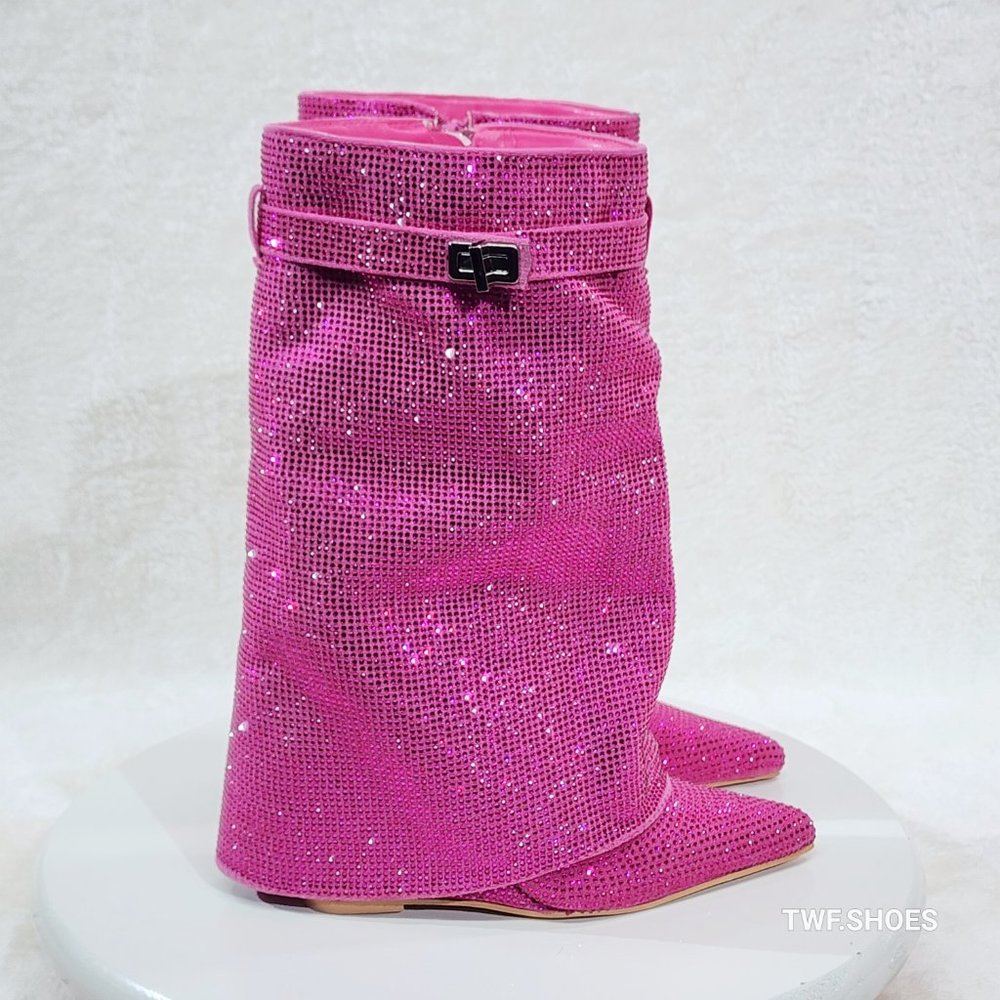 Betty Sparkling Pink Rhinestone Fold Over Calf Boots 4.5" Wedge Heels